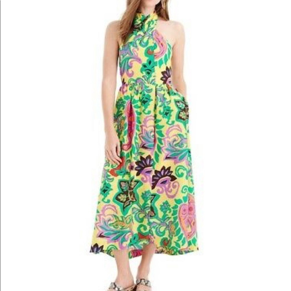 J.Crew Silk Sarong Halter Maxi Dress Size 8 Painted Paisley Yellow Vacation